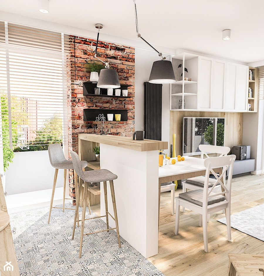 PROJEKT MIESZKANIA 50 m2- Łódź 2018 - Średnia biała jadalnia w salonie w kuchni, styl skandynawski - zdjęcie od BIBI Designe