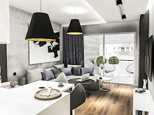 PROJEKT MIESZKANIA - LDZ 2018 - Średni biały szary salon z jadalnią z tarasem / balkonem - zdjęcie od BIBI Designe