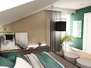 Projekt wnętrza domu pod Sewillą - Średnia biała zielona sypialnia na poddaszu - zdjęcie od BIBI