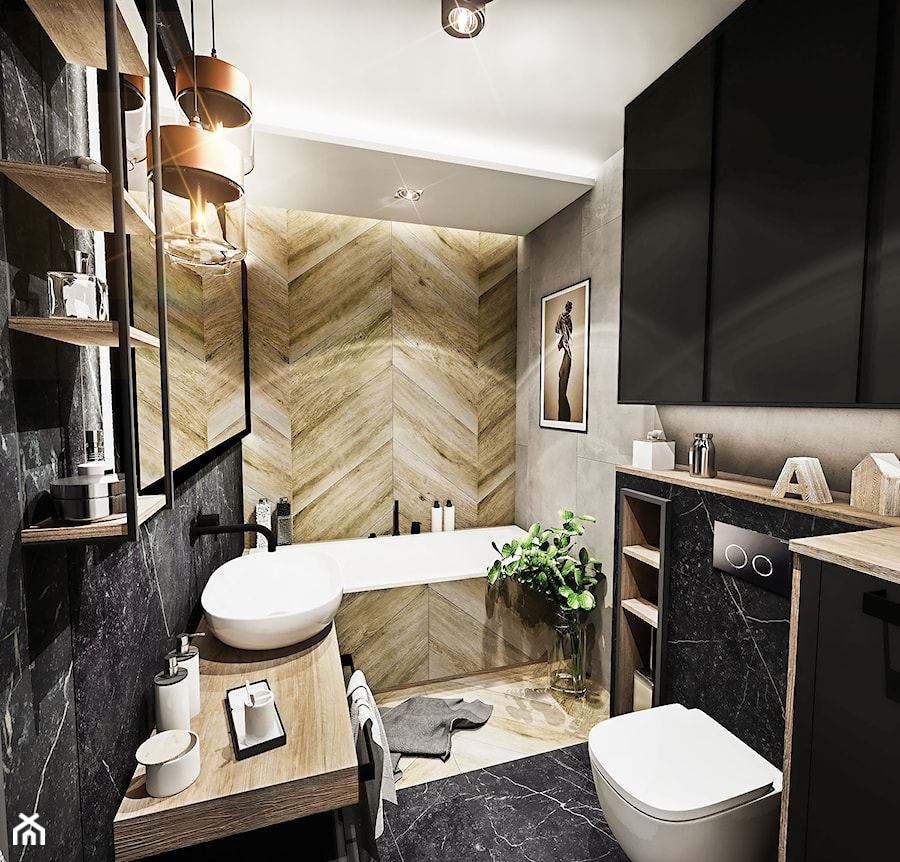ŁAZIENKA - WROCŁAW 2019 - Średnia bez okna z punktowym oświetleniem łazienka, styl vintage - zdjęcie od BIBI Designe