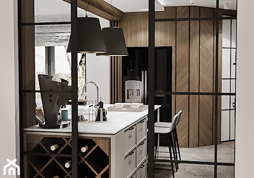 Projekt kuchni do domu jednorodzinnego - Mała otwarta z kamiennym blatem szara z zabudowaną lodówką kuchnia jednorzędowa z wyspą lub półwyspem z oknem - zdjęcie od BIBI Designe