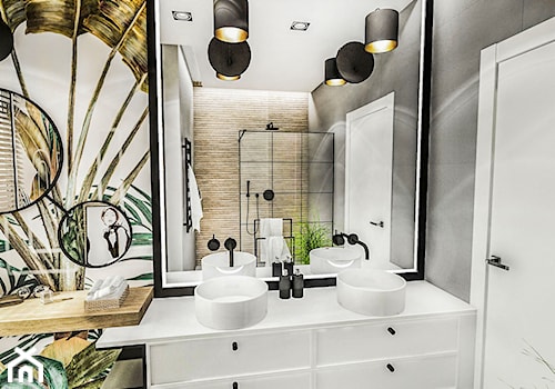 PROJEKT ŁAZIENKI - ZIELONA 2019 - Mała bez okna z lustrem z dwoma umywalkami z punktowym oświetleniem łazienka, styl vintage - zdjęcie od BIBI Designe