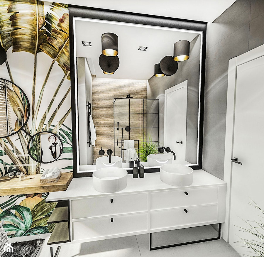 PROJEKT ŁAZIENKI - ZIELONA 2019 - Mała bez okna z lustrem z dwoma umywalkami z punktowym oświetleniem łazienka, styl vintage - zdjęcie od BIBI Designe