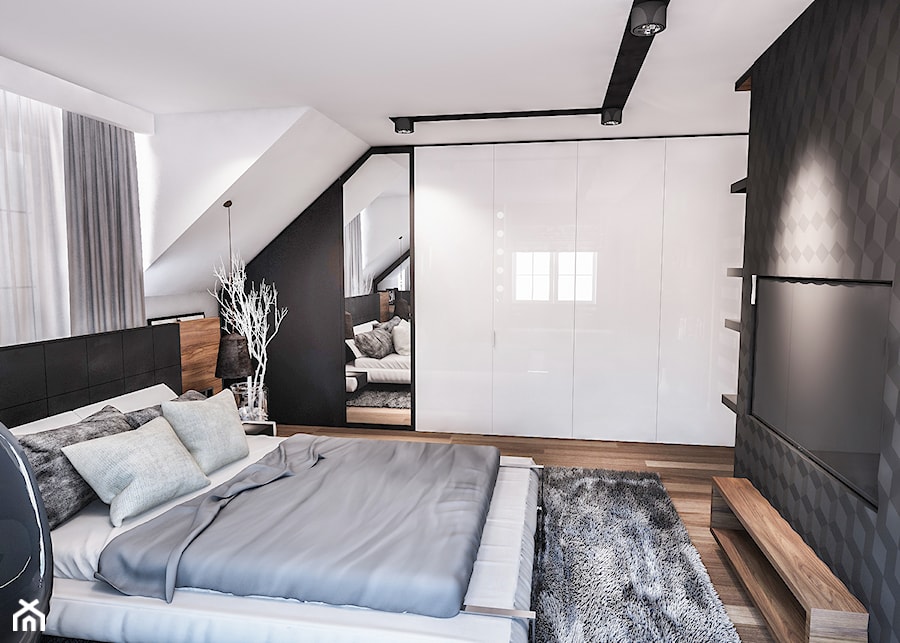PROJEKT SYPIALNI NA PODDASZU - Średnia biała czarna sypialnia na poddaszu, styl nowoczesny - zdjęcie od BIBI Designe