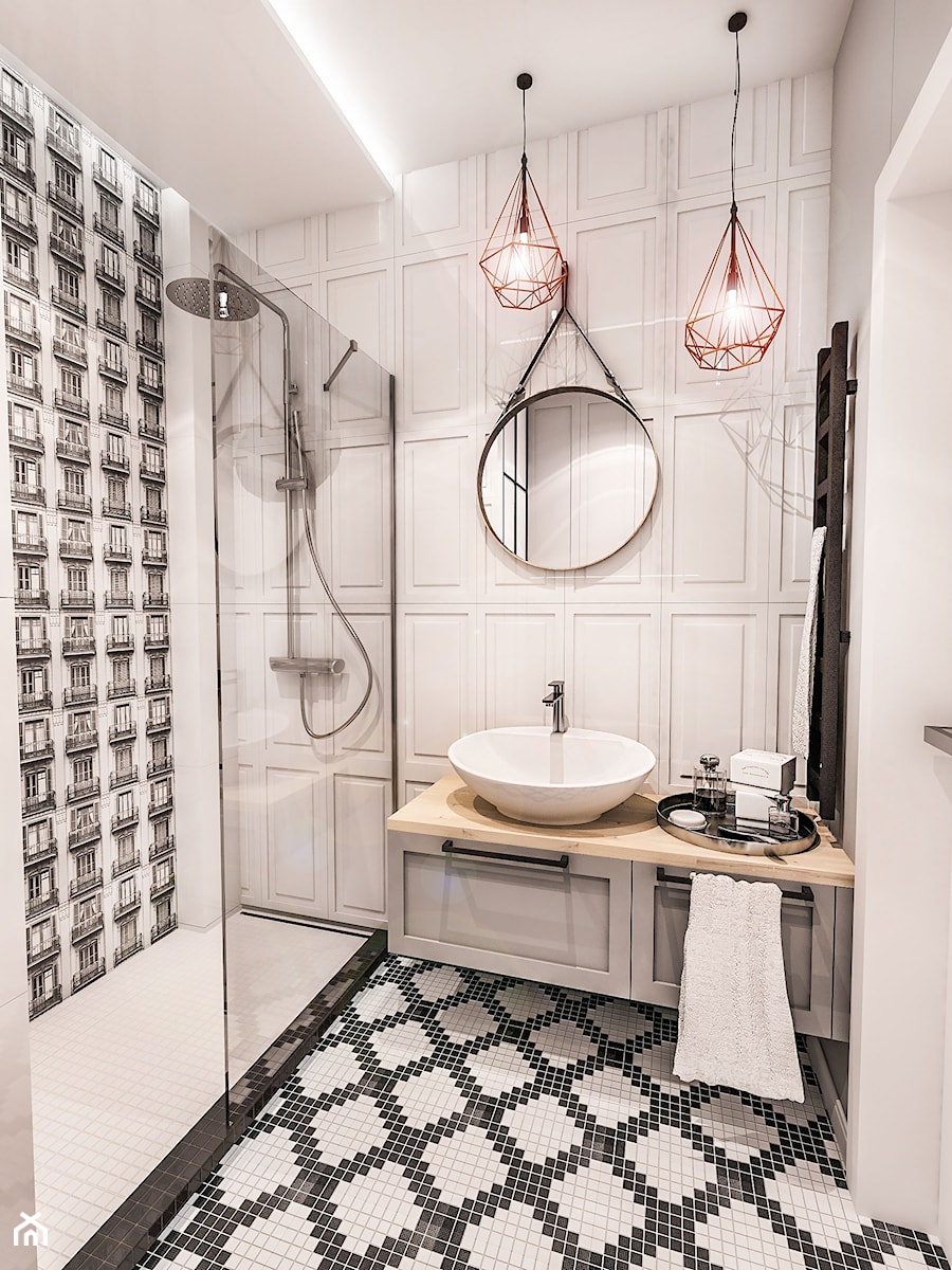 PROJEKT MAŁEJ ŁAZIENKI w Kamienicy - Wawa - Średnia bez okna ze szkłem na ścianie łazienka, styl glamour - zdjęcie od BIBI Designe