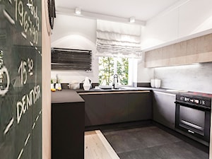 Projekt mieszkania 70m2- Wawa 2017 - Średnia z salonem biała czarna z zabudowaną lodówką z podblatow ... - zdjęcie od BIBI