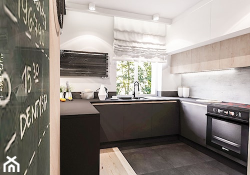 Projekt mieszkania 70m2- Wawa 2017 - Średnia z salonem biała czarna z zabudowaną lodówką z podblatowym zlewozmywakiem kuchnia w kształcie litery u z wyspą lub półwyspem, styl nowoczesny - zdjęcie od BIBI Designe