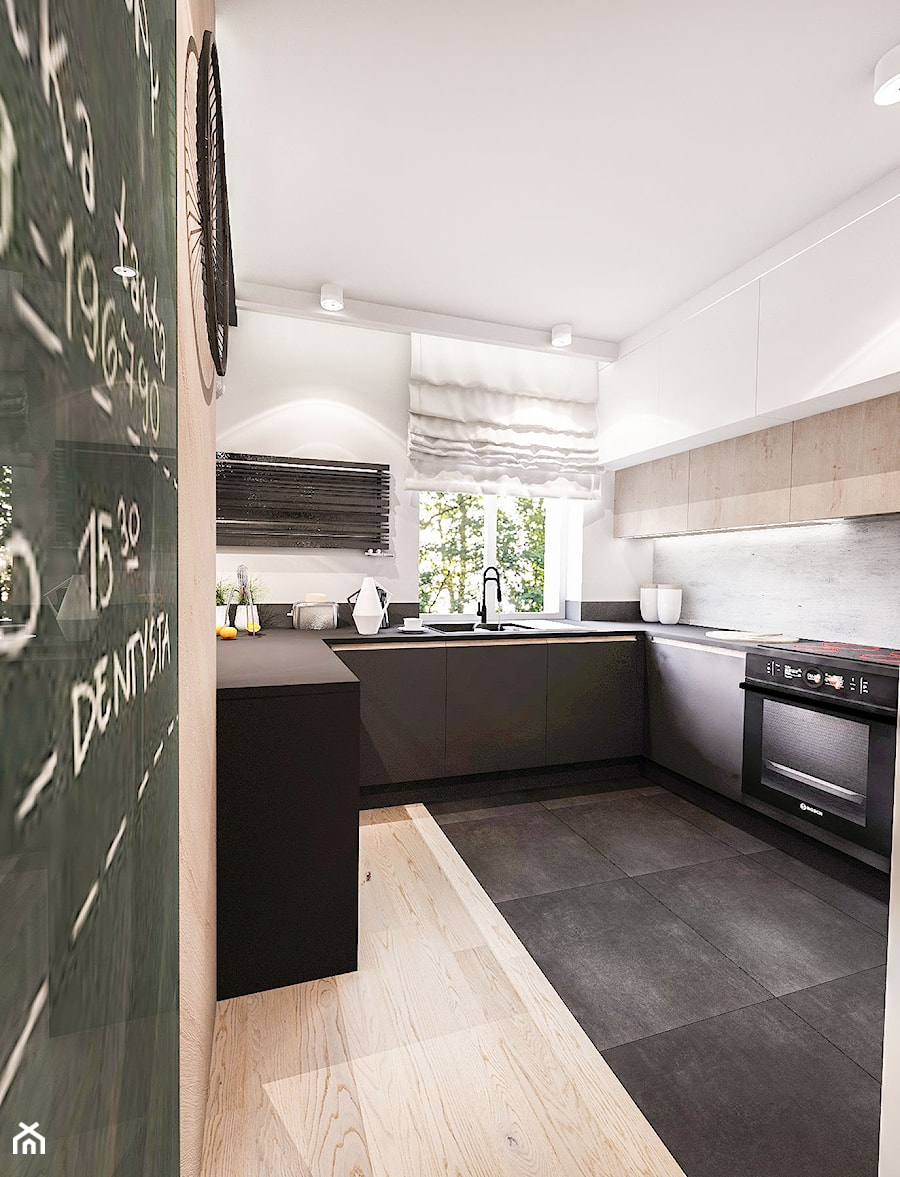 Projekt mieszkania 70m2- Wawa 2017 - Średnia z salonem biała czarna z zabudowaną lodówką z podblatowym zlewozmywakiem kuchnia w kształcie litery u z wyspą lub półwyspem, styl nowoczesny - zdjęcie od BIBI Designe