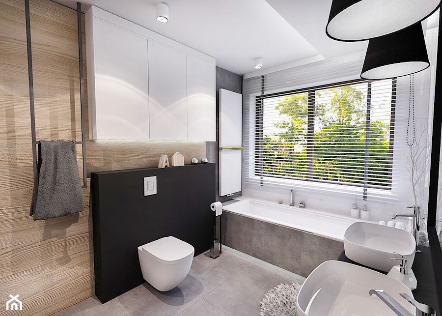 PROJEKT MIESZKANIA - LDZ 2017 - Średnia z dwoma umywalkami z punktowym oświetleniem łazienka z oknem, styl nowoczesny - zdjęcie od BIBI Designe