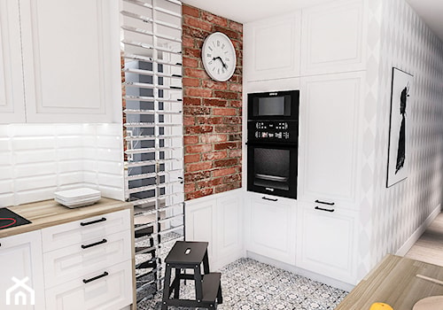 Projekt kuchni i salonu w Łodzi 35 m2 - Średnia otwarta biała z zabudowaną lodówką kuchnia w kształcie litery l, styl skandynawski - zdjęcie od BIBI Designe