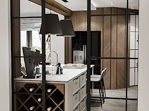 Projekt kuchni do domu jednorodzinnego - Średnia otwarta z kamiennym blatem szara z zabudowaną lodówką z podblatowym zlewozmywakiem kuchnia jednorzędowa z oknem z marmurową podłogą - zdjęcie od BIBI Designe