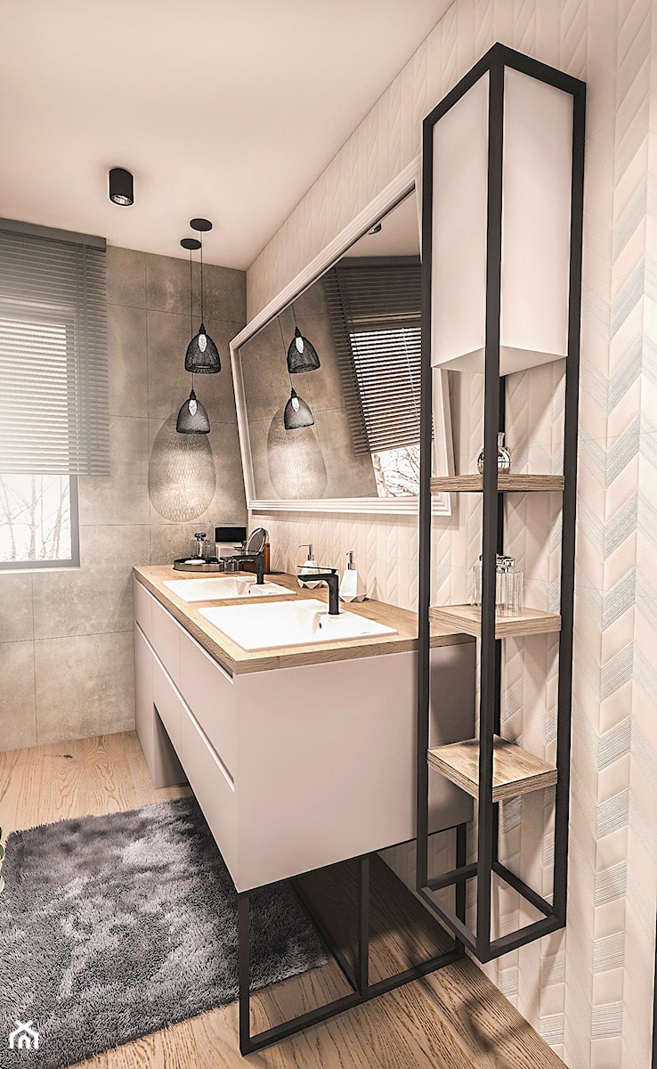 PROJEKT WNĘTRZA DOMU -ŁÓDŹ 2019 - Z lustrem z dwoma umywalkami z punktowym oświetleniem łazienka z oknem - zdjęcie od BIBI Designe