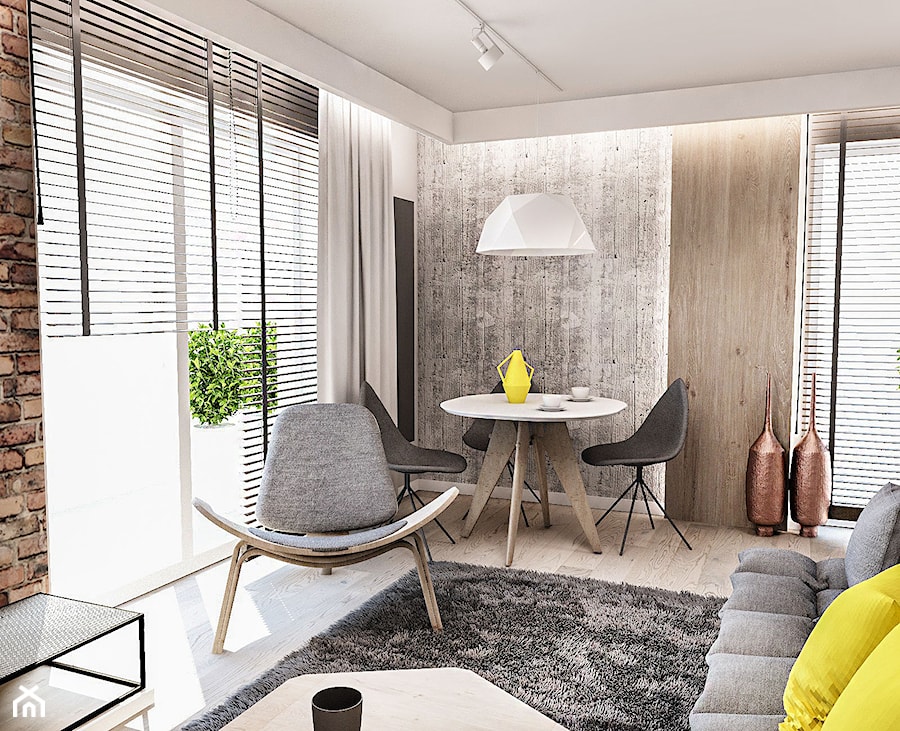 Projekt mieszkania 60 m2 w Gdańsku - Mały szary salon z jadalnią, styl skandynawski - zdjęcie od BIBI Designe