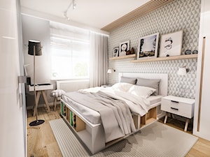 PROJEKT SYPIALNI - Mała biała szara sypialnia, styl skandynawski - zdjęcie od BIBI Designe
