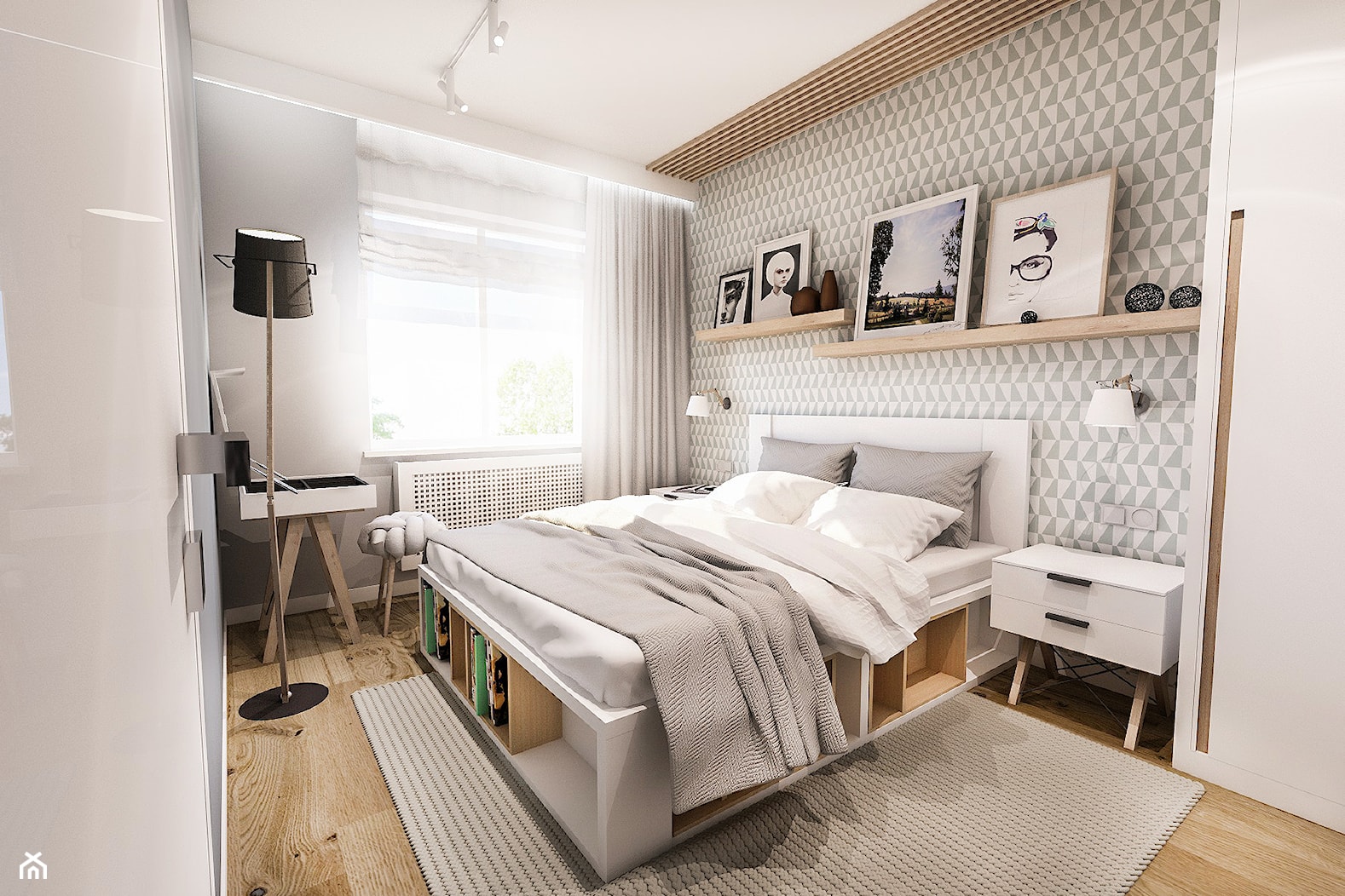 PROJEKT SYPIALNI - Mała biała szara sypialnia, styl skandynawski - zdjęcie od BIBI - Homebook