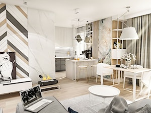MIESZKANIE W ŁODZI - BAŁUTY - 2018 - Mały biały szary salon z kuchnią z jadalnią, styl vintage - zdjęcie od BIBI Designe