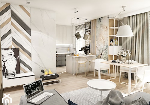 MIESZKANIE W ŁODZI - BAŁUTY - 2018 - Mały biały szary salon z kuchnią z jadalnią, styl vintage - zdjęcie od BIBI Designe
