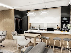 Projekt Mieszkania W-wa 2019 - Duża z salonem biała czarna z zabudowaną lodówką z podblatowym zlewoz ... - zdjęcie od BIBI