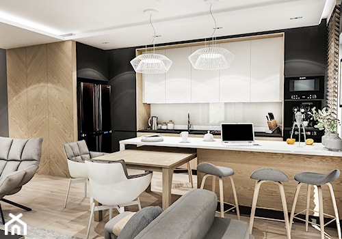 Projekt Mieszkania W-wa 2019 - Duża z salonem biała czarna z zabudowaną lodówką z podblatowym zlewozmywakiem kuchnia w kształcie litery g z wyspą lub półwyspem z oknem - zdjęcie od BIBI Designe