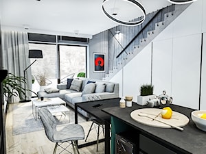 Mały biały szary salon z jadalnią, styl nowoczesny - zdjęcie od BIBI