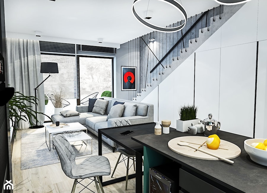 Mały biały szary salon z jadalnią, styl nowoczesny - zdjęcie od BIBI Designe