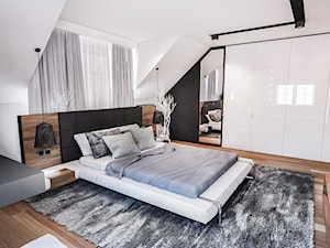 PROJEKT SYPIALNI NA PODDASZU - Średnia biała czarna sypialnia na poddaszu, styl nowoczesny - zdjęcie od BIBI