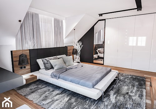 PROJEKT SYPIALNI NA PODDASZU - Średnia biała czarna sypialnia na poddaszu, styl nowoczesny - zdjęcie od BIBI Designe