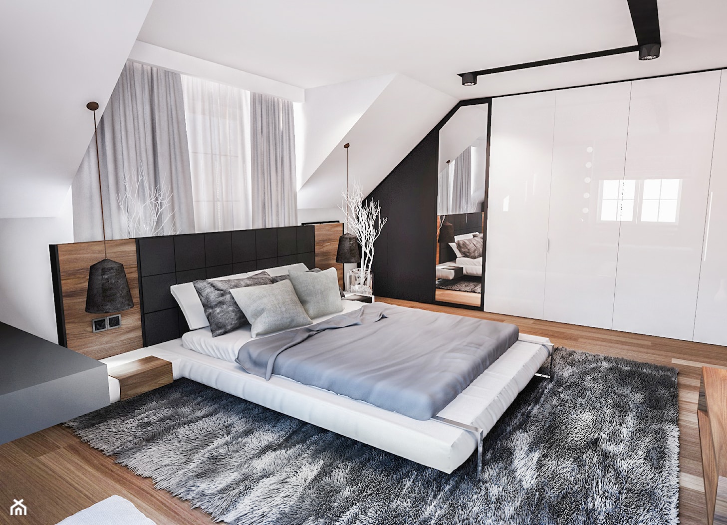 PROJEKT SYPIALNI NA PODDASZU - Średnia biała czarna sypialnia na poddaszu, styl nowoczesny - zdjęcie od BIBI - Homebook
