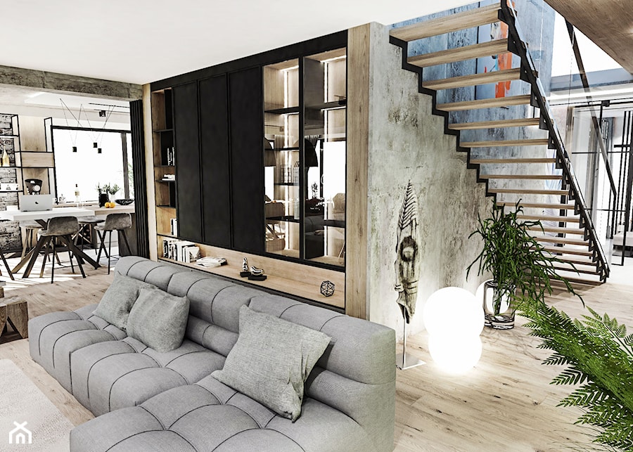 PROJEKT DOMU -POZNAŃ 2019 - Średni beżowy biały szary salon, styl nowoczesny - zdjęcie od BIBI Designe