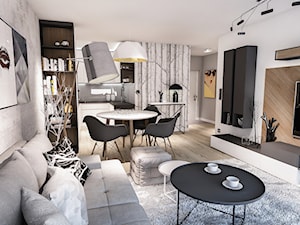 Projekt mieszkania - Austria 2017 - Średni biały salon z kuchnią z jadalnią z bibiloteczką - zdjęcie od BIBI Designe