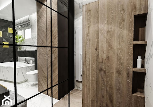 ŁAZIENKA "CIEMNA " 2018 - Duża z marmurową podłogą łazienka z oknem, styl glamour - zdjęcie od BIBI Designe