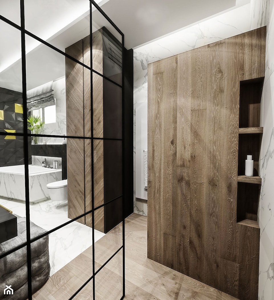 ŁAZIENKA "CIEMNA " 2018 - Duża z marmurową podłogą łazienka z oknem, styl glamour - zdjęcie od BIBI Designe - Homebook