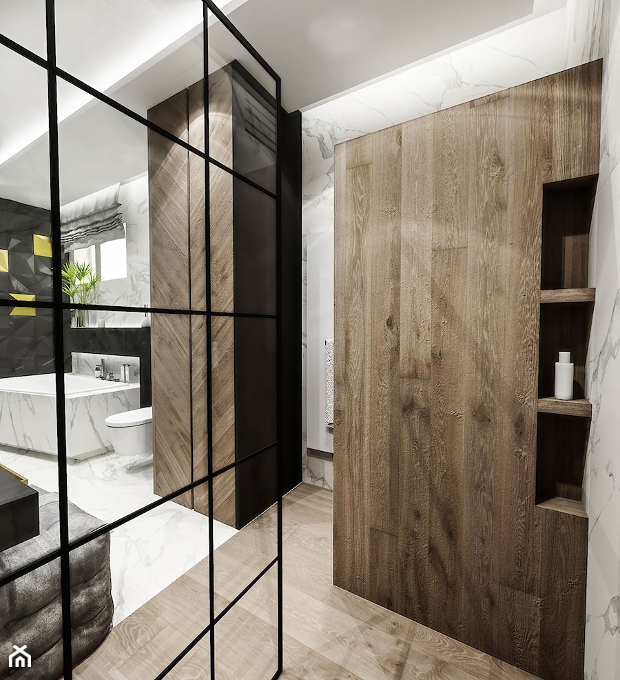 ŁAZIENKA "CIEMNA " 2018 - Duża z marmurową podłogą łazienka z oknem, styl glamour - zdjęcie od BIBI Designe