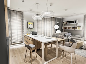 Projekt Mieszkania W-wa 2019 - Średnia z salonem z kamiennym blatem szara z zabudowaną lodówką kuchnia dwurzędowa z wyspą lub półwyspem z oknem - zdjęcie od BIBI Designe