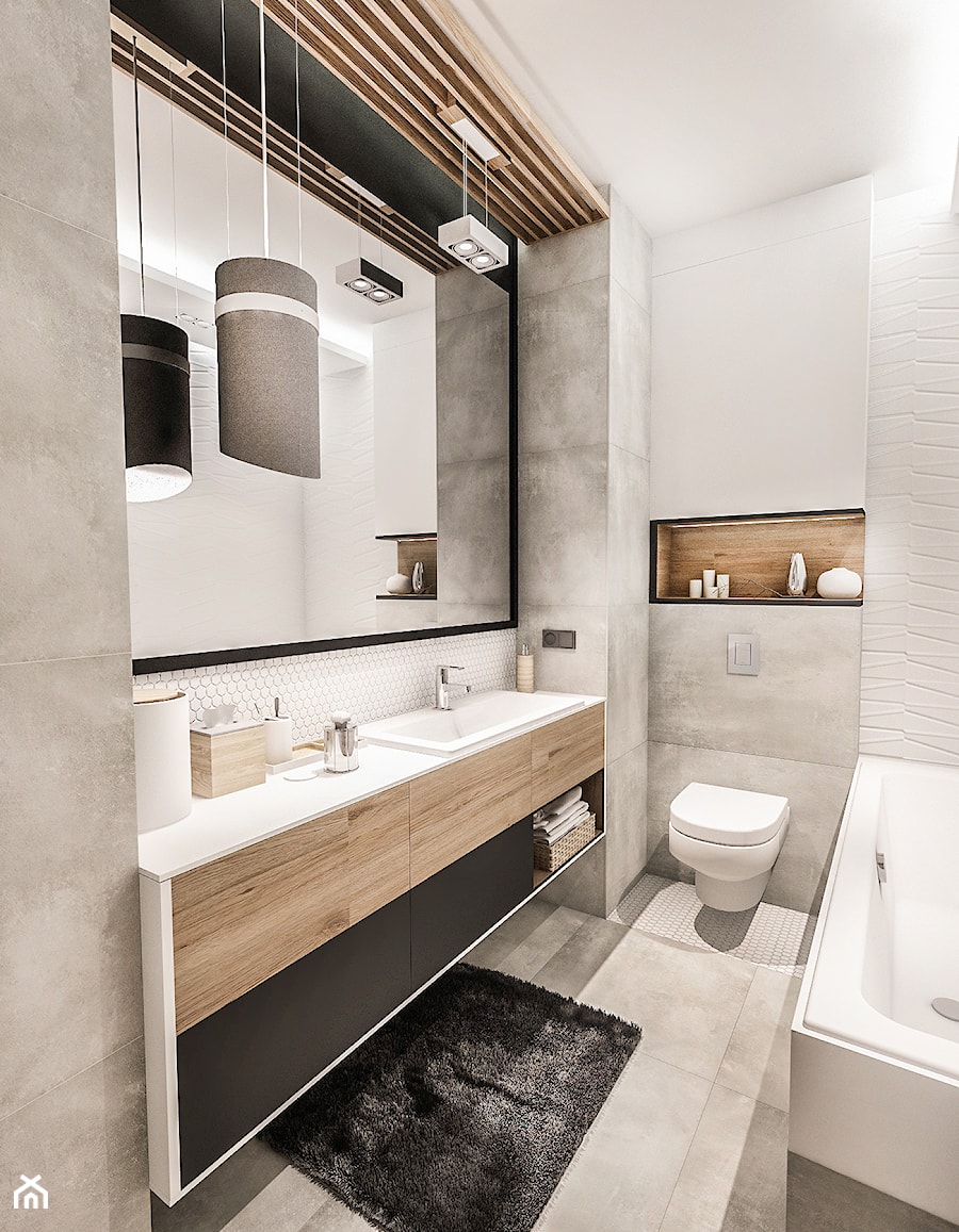 Projekt mieszkania 70m2- Wawa 2017 - Średnia bez okna z lustrem łazienka, styl nowoczesny - zdjęcie od BIBI Designe