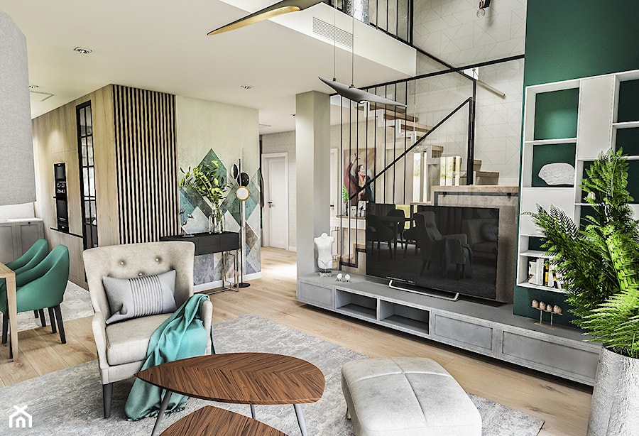 Projekt wnętrza domu pod Sewillą - Duży biały szary zielony salon z kuchnią z jadalnią z bibiloteczką - zdjęcie od BIBI Designe