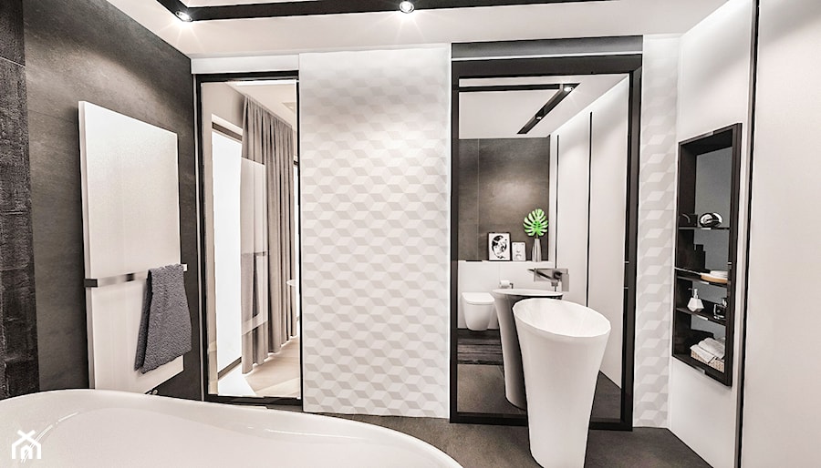 PROJEKT ŁAZIENKI -LDZ 2018 - Średnia bez okna z lustrem z marmurową podłogą z punktowym oświetleniem łazienka, styl nowoczesny - zdjęcie od BIBI Designe