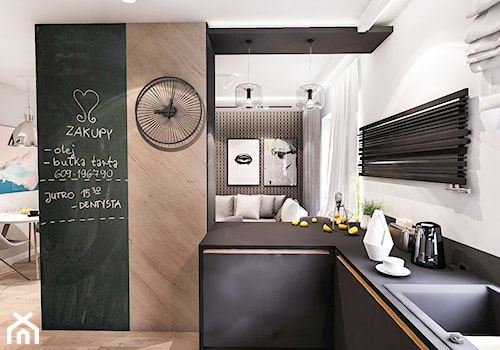 Projekt mieszkania 70m2- Wawa 2017 - Średnia z salonem biała czarna z zabudowaną lodówką z podblatowym zlewozmywakiem kuchnia w kształcie litery l z oknem, styl nowoczesny - zdjęcie od BIBI Designe