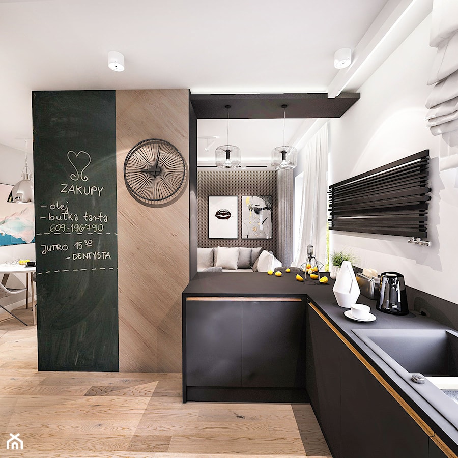 Projekt mieszkania 70m2- Wawa 2017 - Średnia z salonem biała czarna z zabudowaną lodówką z podblatowym zlewozmywakiem kuchnia w kształcie litery l z oknem, styl nowoczesny - zdjęcie od BIBI Designe