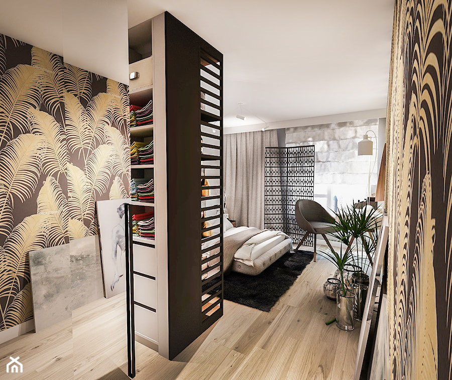 Projekt mieszkania - Austria 2017 - Średnia biała czarna żółta sypialnia - zdjęcie od BIBI Designe