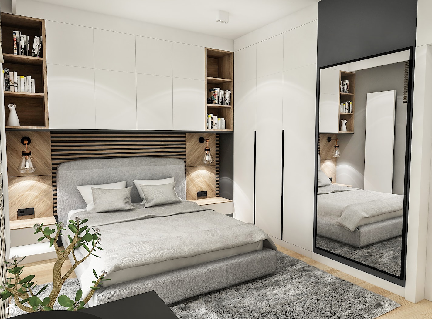 Projekt Mieszkania W-wa 2019 - Średnia biała czarna sypialnia - zdjęcie od BIBI - Homebook
