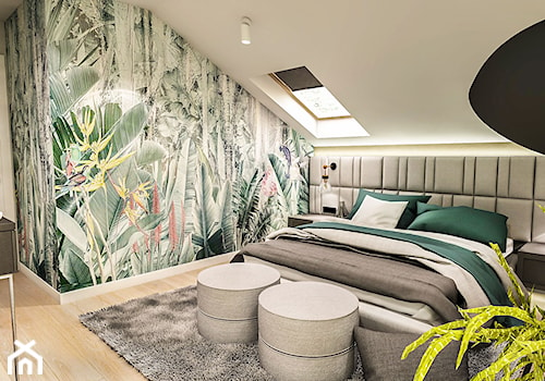 Projekt wnętrza domu pod Sewillą - Średnia szara sypialnia na poddaszu - zdjęcie od BIBI Designe