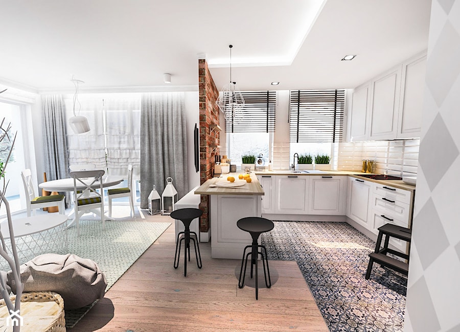 Projekt kuchni i salonu w Łodzi 35 m2 - Średnia otwarta z salonem biała szara z zabudowaną lodówką z podblatowym zlewozmywakiem kuchnia w kształcie litery u z oknem, styl skandynawski - zdjęcie od BIBI Designe