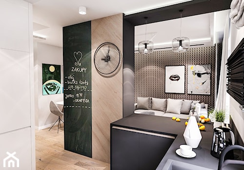Projekt mieszkania 70m2- Wawa 2017 - Mała otwarta z salonem z kamiennym blatem szara z zabudowaną lodówką z lodówką wolnostojącą z nablatowym zlewozmywakiem kuchnia w kształcie litery g z oknem, styl nowoczesny - zdjęcie od BIBI Designe