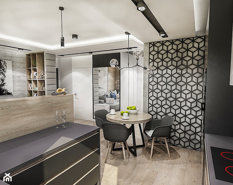 Projekt mieszkania - Gdańsk 2019 r. - Średnia otwarta z salonem z kamiennym blatem czarna szara z zabudowaną lodówką kuchnia dwurzędowa, styl nowoczesny - zdjęcie od BIBI Designe