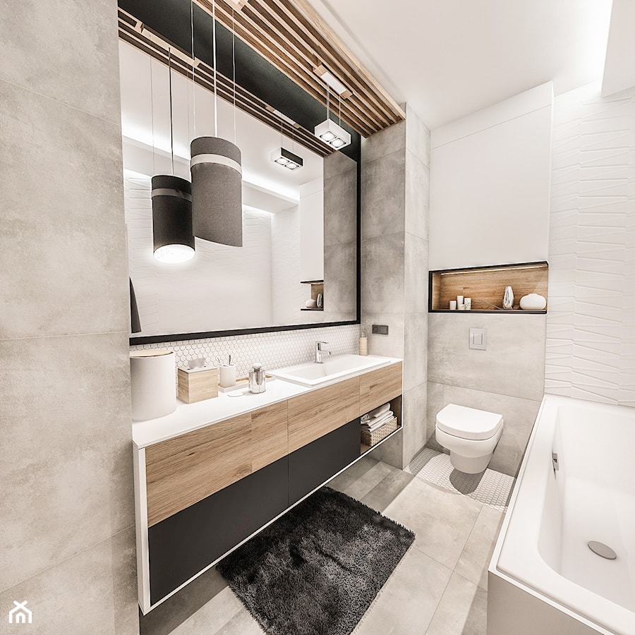 Projekt mieszkania 70m2- Wawa 2017 - Średnia bez okna z lustrem łazienka, styl nowoczesny - zdjęcie od BIBI Designe