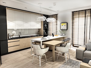 Projekt Mieszkania W-wa 2019 - Średnia z salonem biała z zabudowaną lodówką z podblatowym zlewozmywakiem kuchnia w kształcie litery l z wyspą lub półwyspem z oknem - zdjęcie od BIBI Designe
