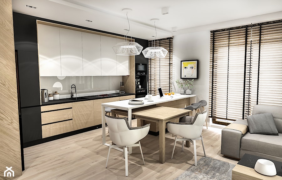 Projekt Mieszkania W-wa 2019 - Średnia z salonem biała z zabudowaną lodówką z podblatowym zlewozmywakiem kuchnia w kształcie litery l z wyspą lub półwyspem z oknem - zdjęcie od BIBI Designe