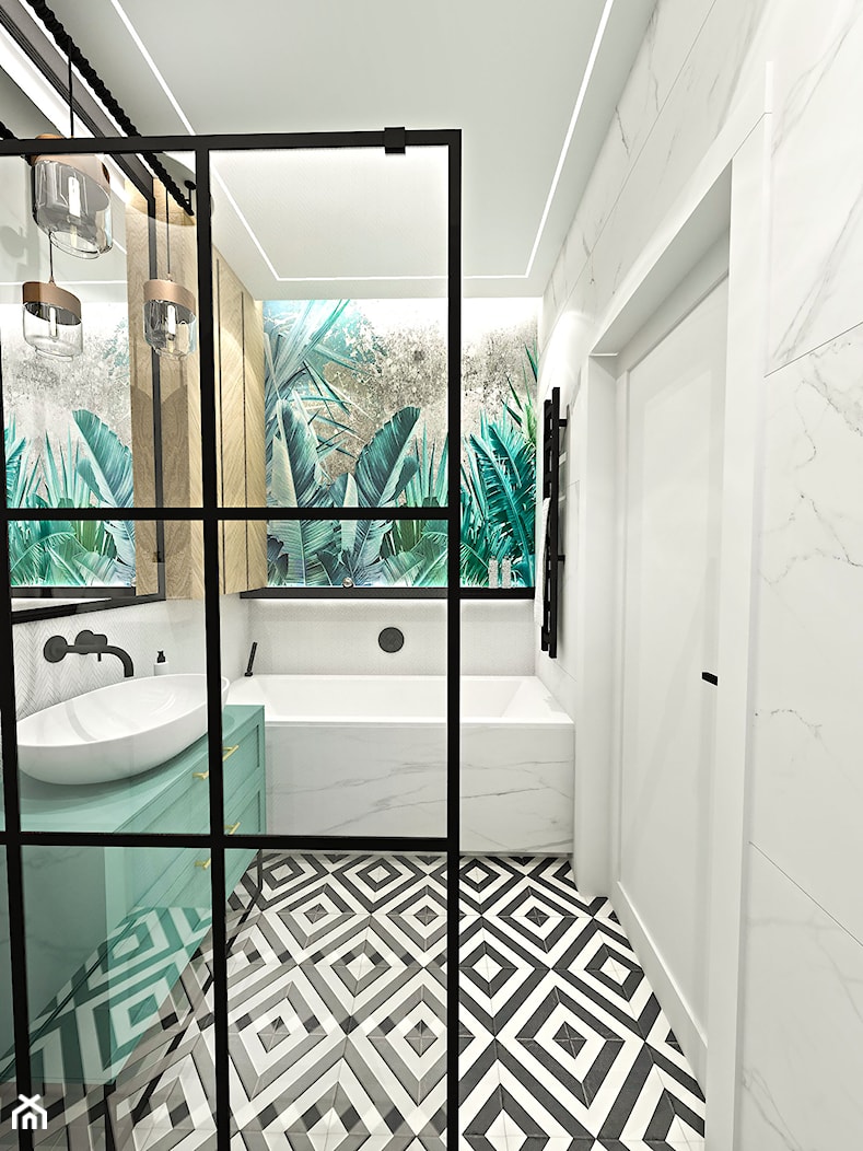 PROJEKT ŁAZIENKI - 6m2 - Średnia bez okna ze szkłem na ścianie łazienka, styl glamour - zdjęcie od BIBI - Homebook