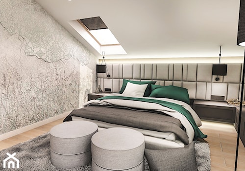 Projekt wnętrza domu pod Sewillą - Mała szara sypialnia na poddaszu - zdjęcie od BIBI Designe